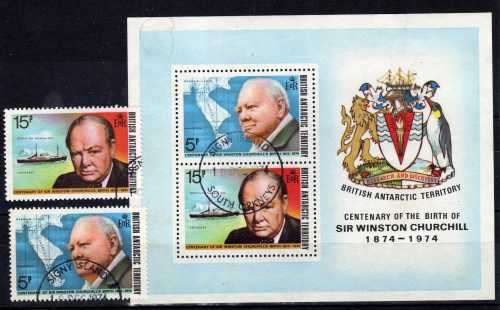 BRITISH ANTARCTIC TERRITORY 1974 BIRTH CENT OF CHURCHILL SET OF 2 & MS VFU. SG 61-63. CAT 12,50 GBP.