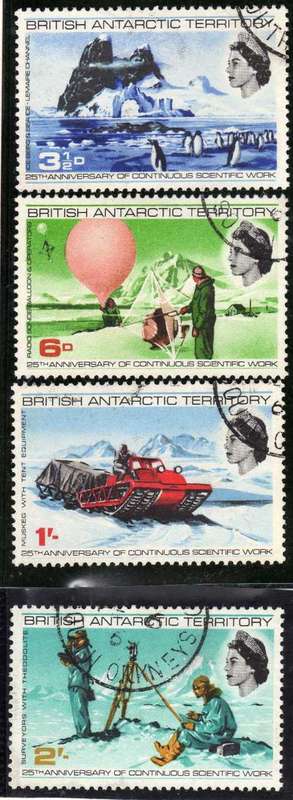 BRITISH ANTARCTIC TERRITORY 1969 "25TH ANNIV SCIENTIFIC WORK" SET OF 4 VFU. SG 20-23. CAT 7,25 GBP.