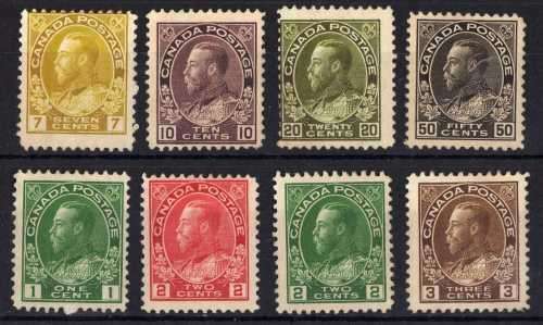 CANADA 1911-22 KGV DEFIN SET OF 8 MINT NO GUM. SG 196-215. CAT 275 POUNDS.