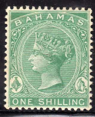 BAHAMAS 1882-88 QV DEFIN 1/- GREEN LMM(*). SG 44. CAT 50 POUNDS. (2018)