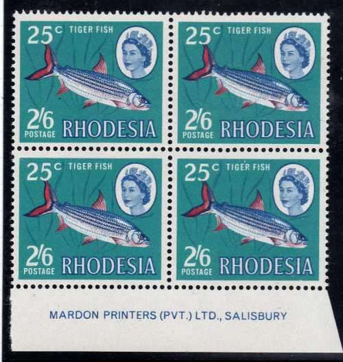 RHODESIA 1967-68 DUAL CURRENCY 2/6d IMPRINT BLOCK OF 4 UMM. SACC 170.