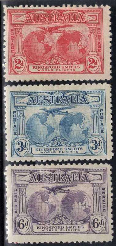 AUSTRALIA 1931 "KINGSFORD SMITH'S FLIGHTS" SET OF 3 MOUNTED MINT (FAULTS). SG 121-23. CAT 15 GBP.