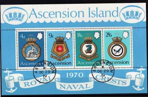 ASCENSION 1970 ROYAL NAVY CRESTS 2ND SERIES MINI SHEET VFU. SG MS 134. CAT 15 POUNDS.