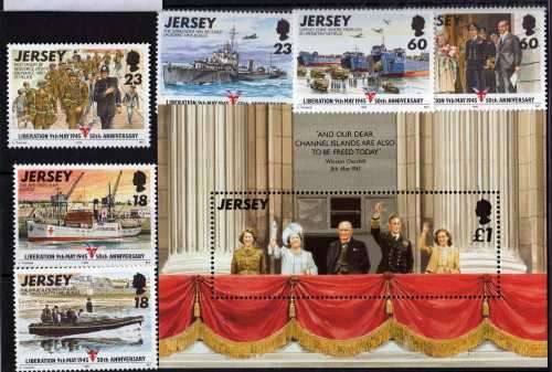 JERSEY 1995 50TH ANNIV OF LIBERATION SET OF 6 & MINI SHEET UMM. SG 700-706. CAT 7,75 POUNDS.