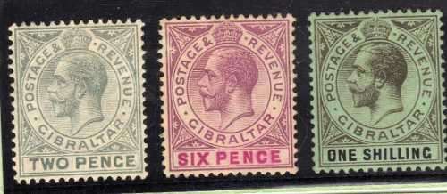 GIBRALTAR 1912 KGV DEFIN 2d, 6d & 1/- LMM. W/MARK MULTI CROWN CA. SG 78, 80 & 81. CAT 47 GBP. (2018)