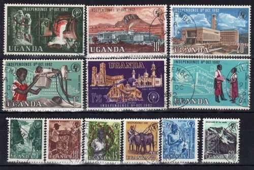 UGANDA 1962 INDEPENDENCE SET OF 12 VFU. SG 99-110. CAT 26 POUNDS. (2018)