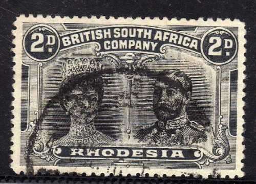 RHODESIA BSA COMPANY 1910 DOUBLE HEADS 2d GREY & GREYISH BLACK PERF 14 VFU. SACC 130. CAT R500.