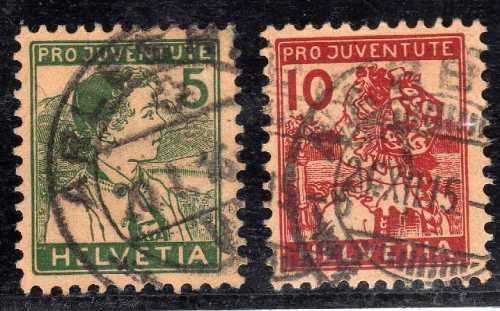 SWITZERLAND 1915 "PRO JUVENTUTE" SET OF 2 VFU. SG J1a -J2. CAT 134 POUNDS.