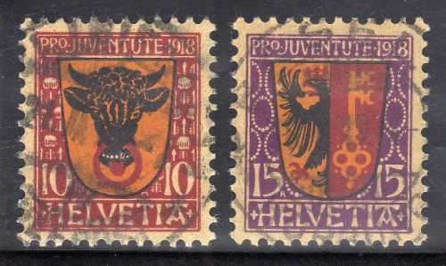 SWITZERLAND 1918 "PRO JUVENTUTE" SET OF 2 VFU. SG J9-J10. CAT 52 POUNDS.