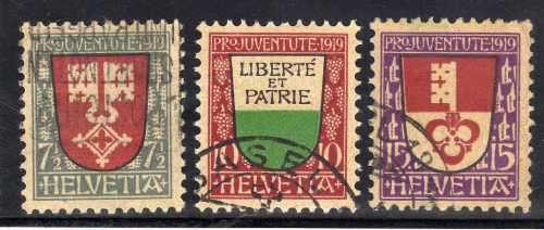 SWITZERLAND 1919 "PRO JUVENTUTE" SET OF 3 VFU. SG J11-J13. CAT 49,75 POUNDS.