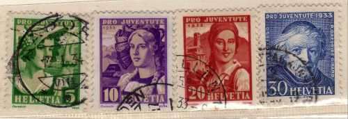 SWITZERLAND 1933 "PRO JUVENTUTE" SET OF 4 VFU. SG J64-J67. CAT 19 POUNDS.