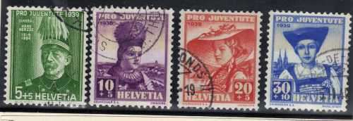SWITZERLAND 1939 "PRO JUVENTUTE" SET OF 4 VFU. SG J88-J91. CAT 23,70 POUNDS.