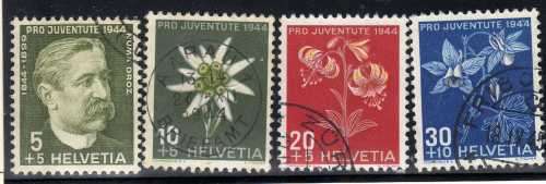 SWITZERLAND 1944 "PRO JUVENTUTE" SET OF 4 VFU. SG J108-J111. CAT 14,75 POUNDS.