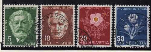 SWITZERLAND 1945 "PRO JUVENTUTE" SET OF 4 VFU. SG J112-J115. CAT 15,25 POUNDS.