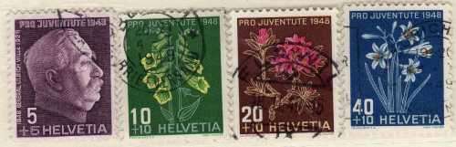 SWITZERLAND 1948 "PRO JUVENTUTE" SET OF 4 VFU. SG J124-J127. CAT 13,75 POUNDS.