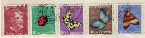SWITZERLAND 1952 "PRO JUVENTUTE" SET OF 5 VFU. SG J142-J146. CAT 24 POUNDS.