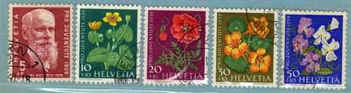 SWITZERLAND 1959 "PRO JUVENTUTE" SET OF 5 VFU. SG J177-J181. CAT 8,55 POUNDS.