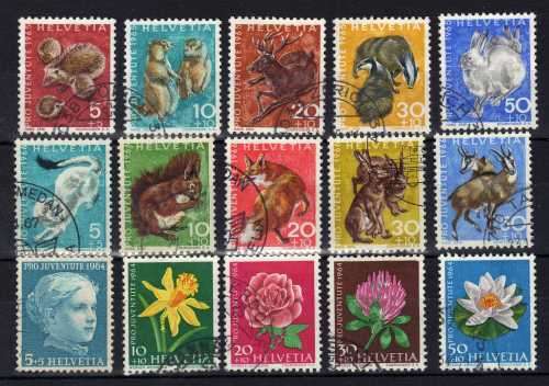 SWITZERLAND 1964, 1965, 1966 "PRO JUVENTUTE" 3 SETS OF 5 VFU. SG J202-J216. CAT 7,55 POUNDS.