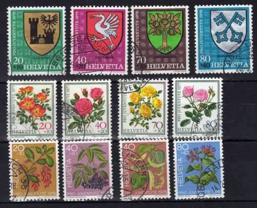 SWITZERLAND 1976, 1977, 1978 "PRO JUVENTUTE" 3 SETS OF 4 VFU. SG J254-J265. CAT 10,25 POUNDS.
