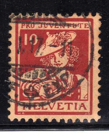 SWITZERLAND 1916 "PRO JUVENTUTE" 10c RED VFU. SG J5. CAT 100 POUNDS.