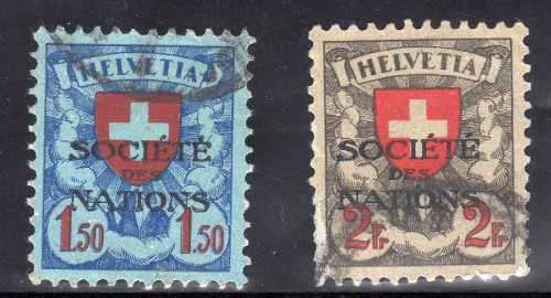 SWITZERLAND 1922 LEAGUE OF NATIONS OVPTS 1,50 & 2FR FINE USED. SG LN27a & 28a. CAT 13,50 POUNDS.