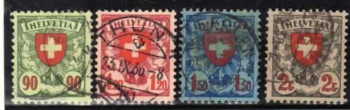 SWITZERLAND 1924 DEFIN SET OF 4 VFU. SG 329-332a. CAT 32,25 POUNDS.