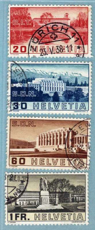 SWITZERLAND 1938 LEAGUE OF NATIONS SET OF 4 VFU. SG 382-385. CAT 30,55 POUNDS.