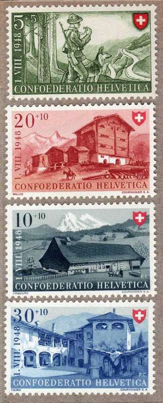 SWITZERLAND 1948 "NATIONAL FETE" SET OF 4 UMM. SG 495-498. CAT 9,40 POUNDS.