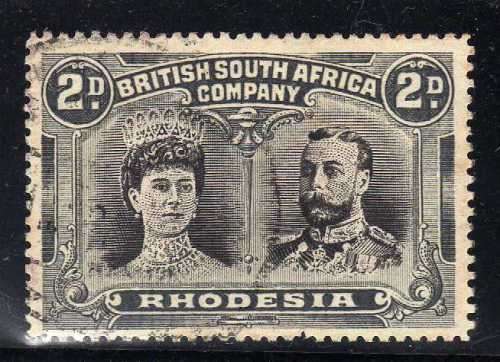 RHODESIA BSA COMPANY 1910 DOUBLE HEADS 2d BLACK & GREYISH-BLACK PERF 15 VFU. SACC 171. CAT R600.