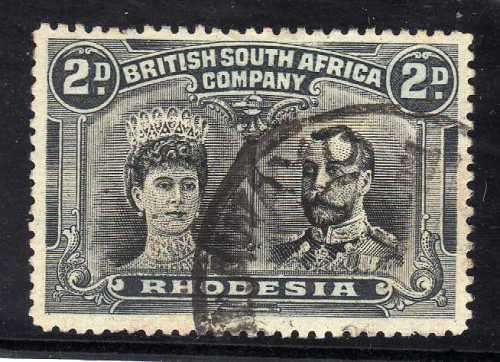 RHODESIA BSA COMPANY 1910 DOUBLE HEADS 2d BLACK & SLATE PERF 14 VFU. SACC 171. CAT R800. (2019-20).
