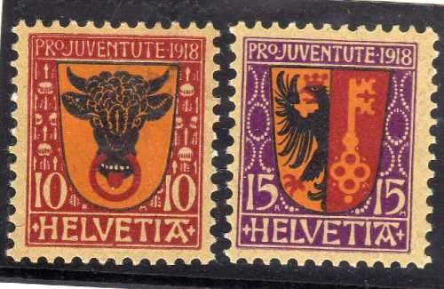 SWITZERLAND 1918 `PRO JUVENTUTE` SET OF 2 MOUNTED MINT. SG J9 -J10. CAT 28 POUNDS.