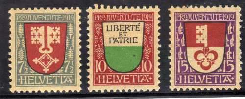 SWITZERLAND 1919 "PRO JUVENTUTE" SET OF 3 MOUNTED MINT. SG J11-J13. CAT 15,75 POUNDS.