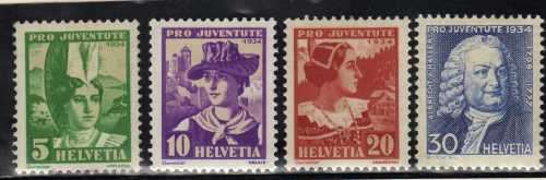 SWITZERLAND 1934 "PRO JUVENTUTE" SET OF 4 LIGHTLY MOUNTED MINT. SG J68-J71. CAT 4,85 POUNDS.