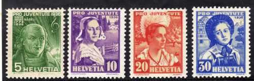 SWITZERLAND 1936 "PRO JUVENTUTE" SET OF 4 LIGHTLY MOUNTED MINT. SG J76-J79. CAT 6,65 POUNDS.