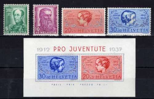SWITZERLAND 1937 "PRO JUVENTUTE" SET OF 4 & MINI SHEET LMM. SG J80-J83a. CAT 13,65 POUNDS.