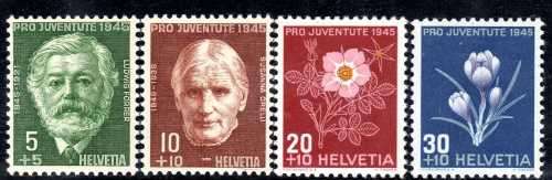 SWITZERLAND 1945 "PRO JUVENTUTE" SET OF 4 UMM. SG J112-J115. CAT 7,55 POUNDS.