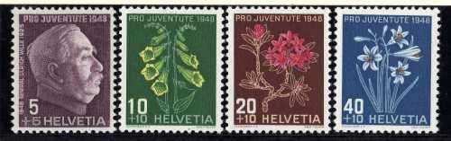 SWITZERLAND 1948 "PRO JUVENTUTE" SET OF 4 UMM. SG J124-J127. CAT 7,70 POUNDS.