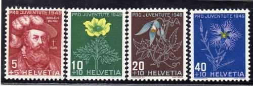 SWITZERLAND 1949 "PRO JUVENTUTE" SET OF 4 UMM. SG J128-J131. CAT 7,15 POUNDS.