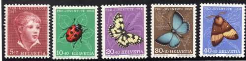SWITZERLAND 1952 "PRO JUVENTUTE" SET OF 5 LMM. SG J142-J146. CAT 10,40 POUNDS.