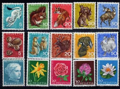 SWITZERLAND 1964, 1965 & 1966 "PRO JUVENTUTE" SETS OF 5 UMM. SG J202-J216. CAT 9,60 POUNDS.
