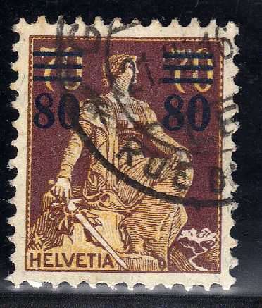 SWITZERLAND 1915 SURCHARGE 80c ON 70c VFU. SG 301. CAT 28 POUNDS.