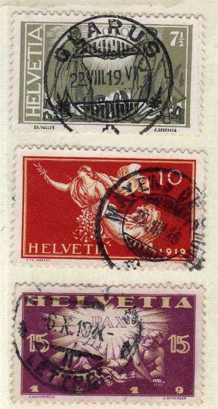 SWITZERLAND 1919 "PEACE CELEBRATIONS" SET OF 3 VFU. SG 304-306. CAT 17,75 POUNDS.