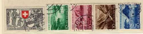 SWITZERLAND 1952 PRO-PATRIA SET OF 5 VFU. SG 536-540. CAT 31,45 POUNDS.