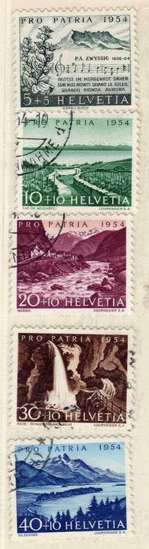 SWITZERLAND 1954 PRO-PATRIA SET OF 5 VFU EXCEPT 5c + 5c. SG 553-557. CAT 31 POUNDS.