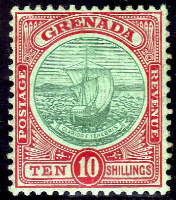 GRENADA 1908 DEFIN 10/- GREEN AND RED/GREEN VERY FINE MOUNTED MINT. SG 83. CAT 160 POUNDS. (2018)