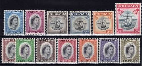 GRENADA 1953-59 QEII DEFIN SET OF 13 VERY FINE LIGHTLY MOUNTED MINT. SG 192-204. CAT 65 POUNDS.