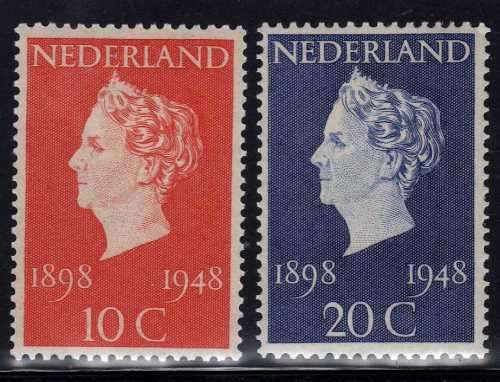 NETHERLANDS 1948 QUEEN WILHELMINA'S GOLDEN JUBILEE SET OF 2 MOUNTED MINT. SG 670-671.