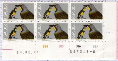 SOUTH AFRICA 1974 DEFIN 30c CONTROL BLOCK OF 6 UNMOUNTED MINT. SACC 372. SG 361.
