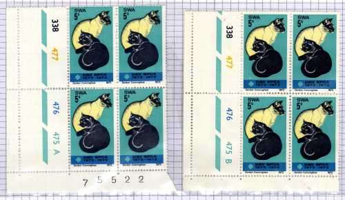 SOUTH WEST AFRICA 1972 CENTENARY OF SPCA A & B CONTROL BLOCKS OF 4 UNMOUNTED MINT. SACC 244 SG 234.