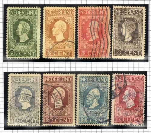 NETHERLANDS 1913 INDEPENDENCE CENT PART SET OF 8 VFU. SG 214-20 & 222. Mi 81-7 & 88. Mi 936-40.